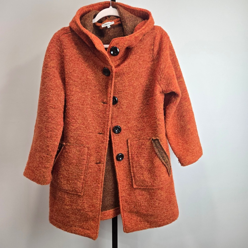 Charlotte & Louis Orange Wool Blend Hooded Coat Small Lagenlook Art to Wear